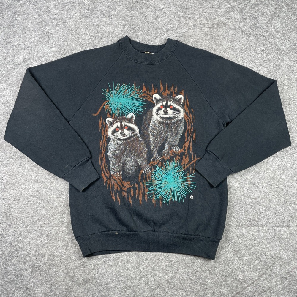 Vintage 80s Raccoon Nature Sweatshirt Mens M Black 1987 Crew Neck 50/50